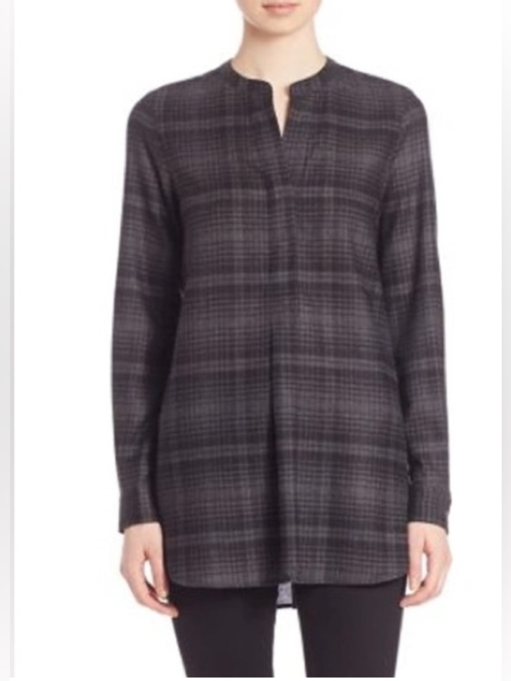 Theory Orvinio Avalon 100% Wool Tunic Blouse Plaid Popover Black Gray Small